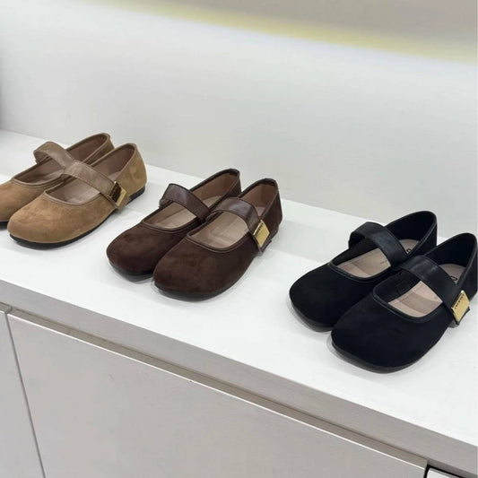 Flat Suede Mary Janes with Metal Buckle