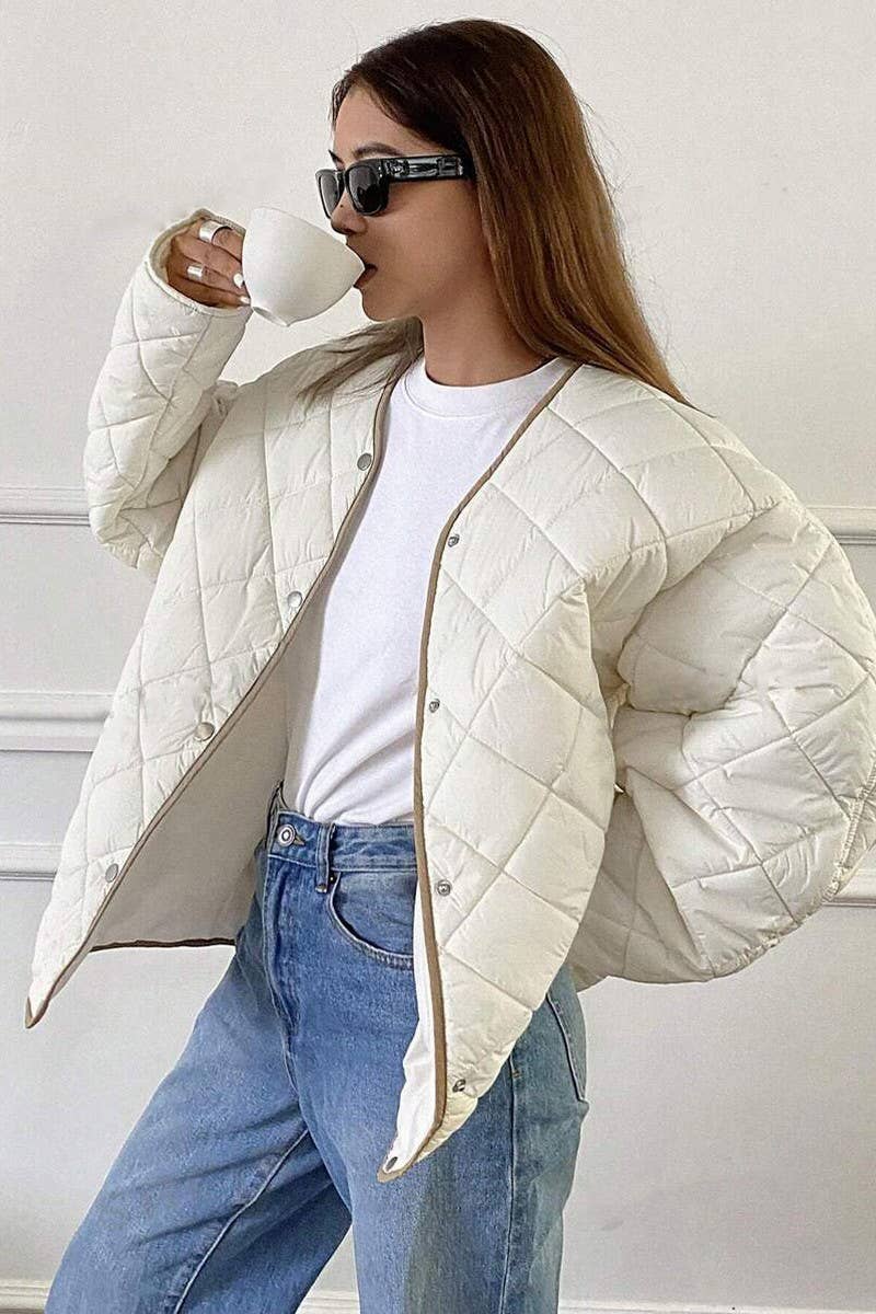 ARGYLE PATTERN CONTRASTING DRAWSTRING PADDED COAT