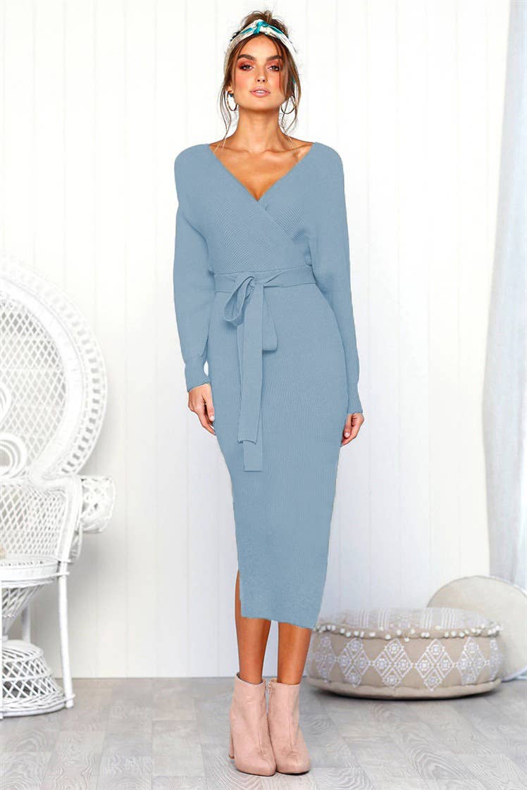 SEXY V-NECK LACE-UP LONG-SLEEVED DRESS