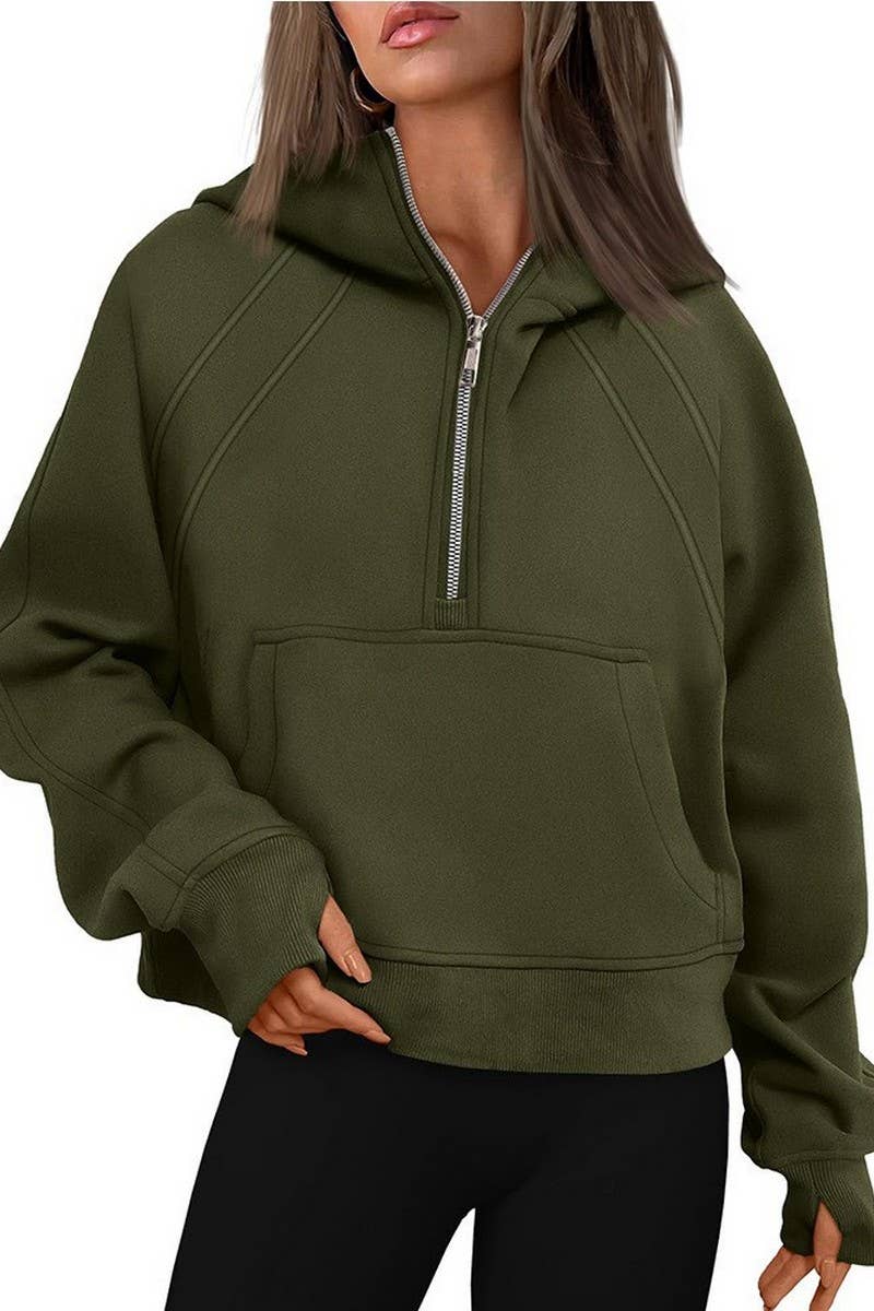 CWOHOL00598_SOLID COLOR CASUAL HALF-ZIP CROPPED HOODIE