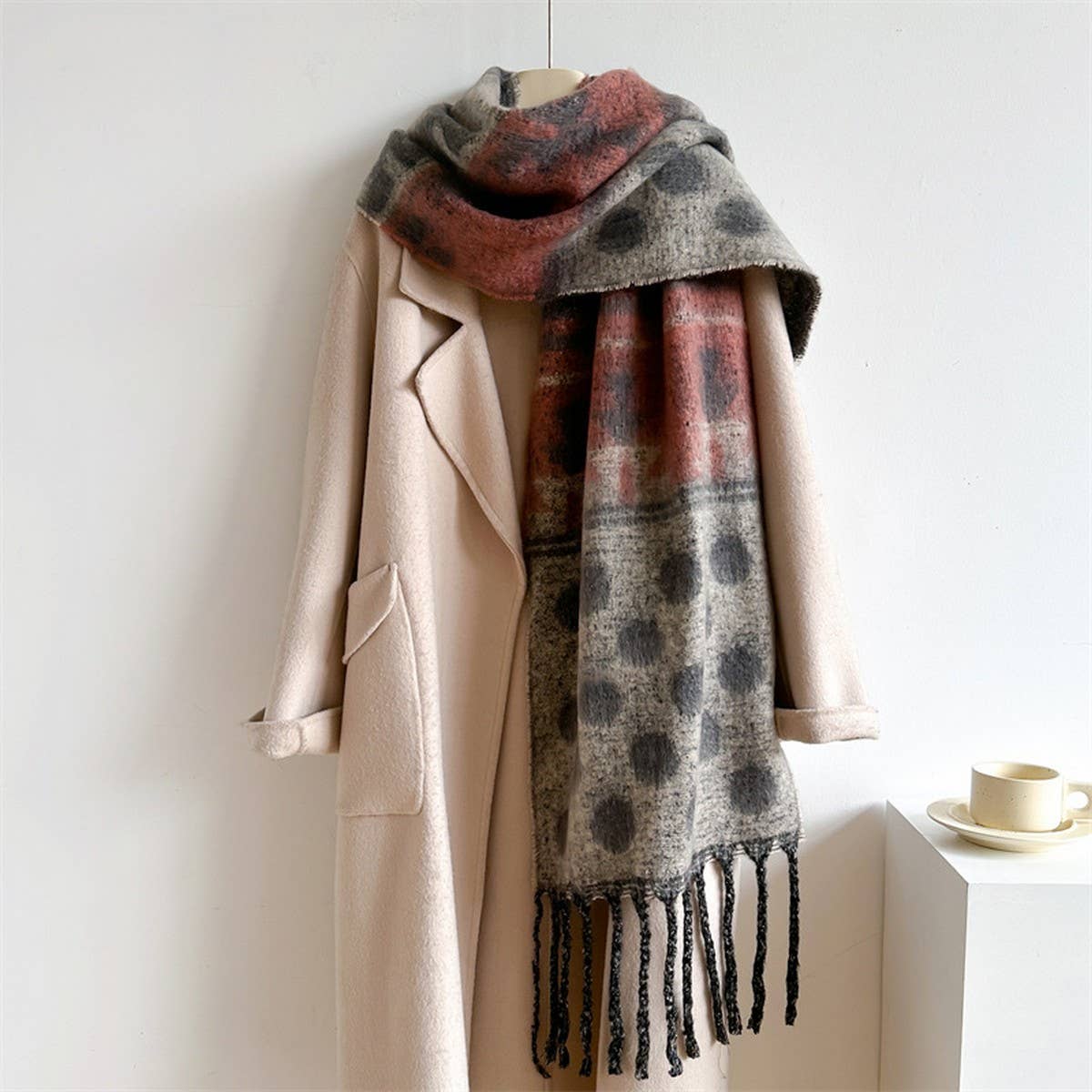Woolen Scarf, Long & Thick, Polka Dot Fringe Shawl_CWASC0987