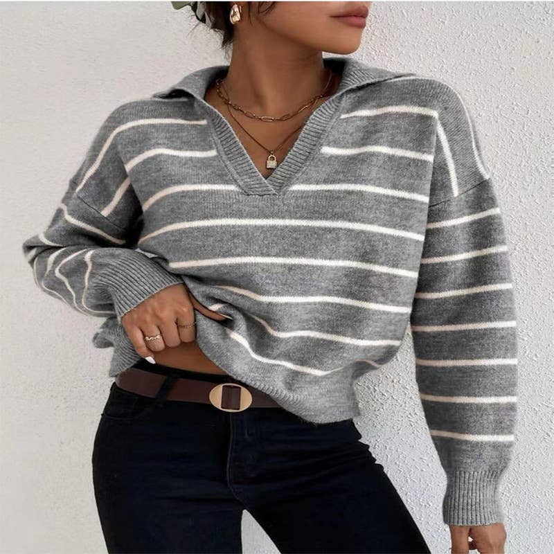 LONG SLEEVE POLO COLLAR STRIPED KNITWEAR