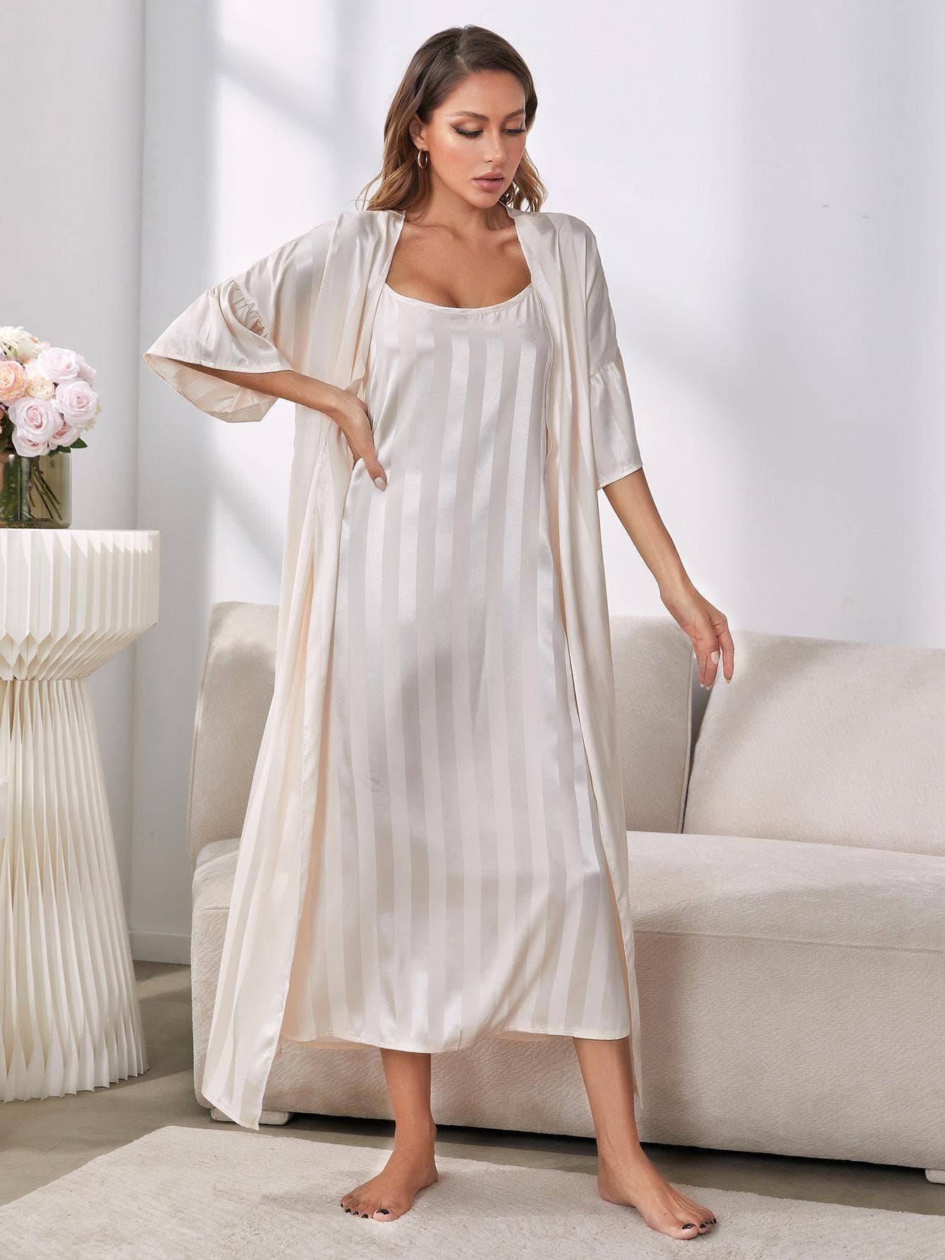Long-sleeved ice silk bathrobe and home wear set