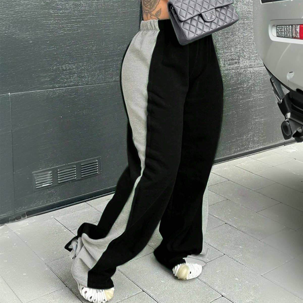 COLOR CONTRAST LOOSE ELASTIC WAIST WIDE LEG PANTS