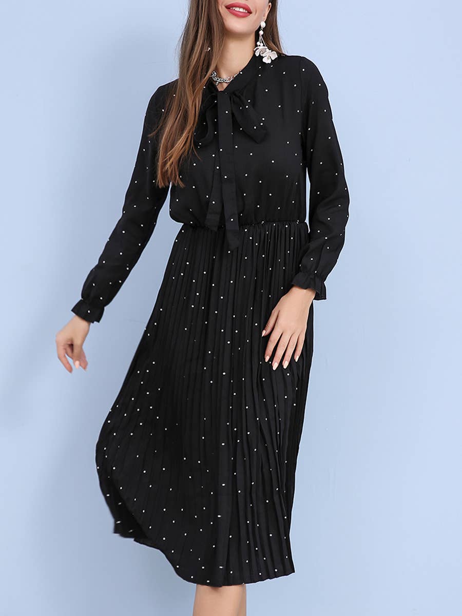 Pleated polka point casual waist collection dress