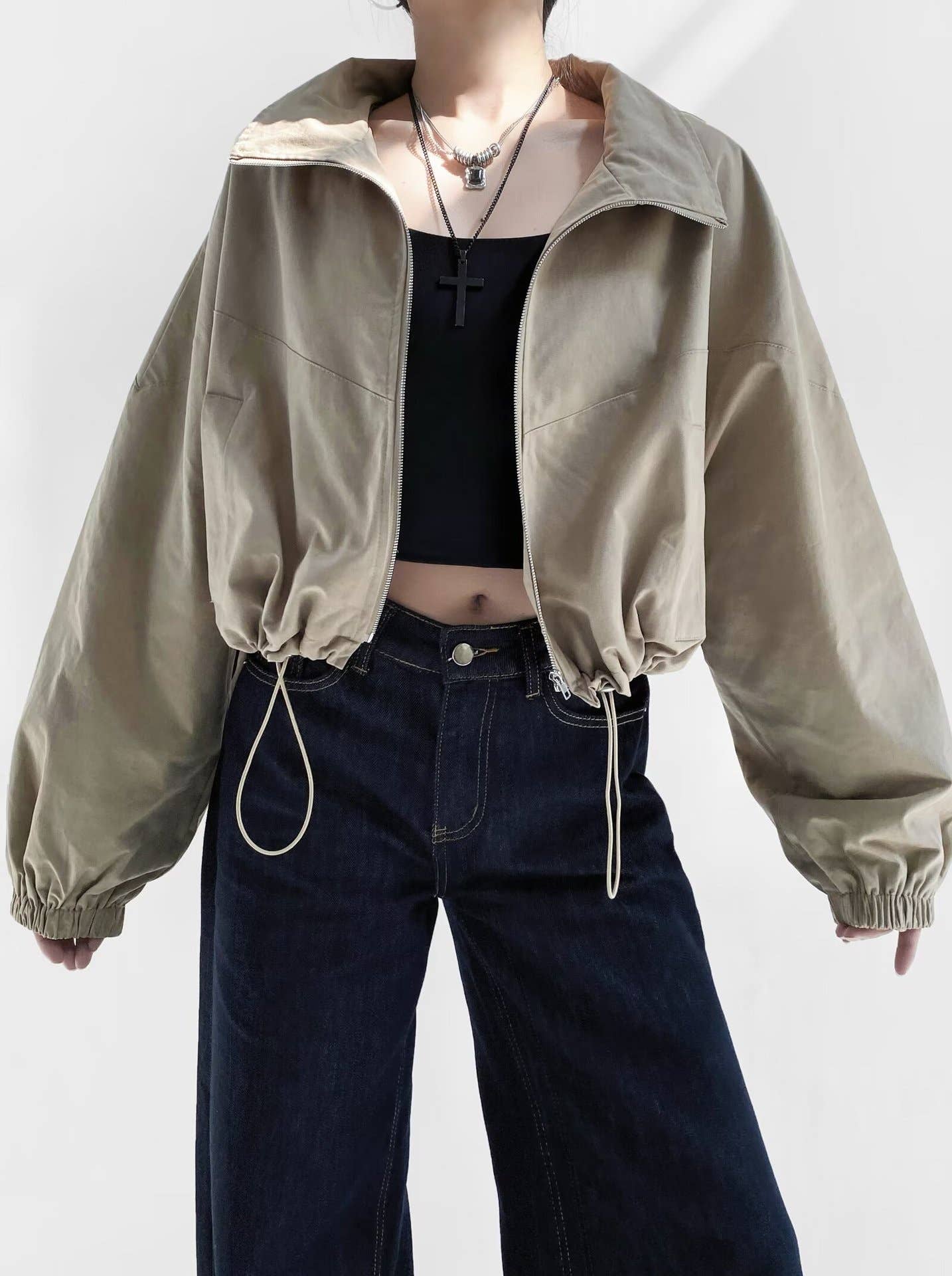 Stand-up collar zipper waist-cinching jacket