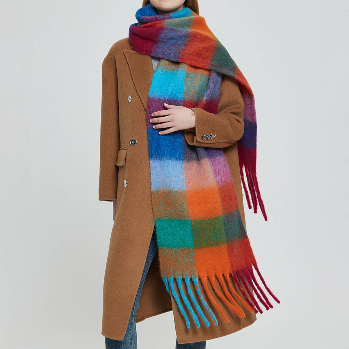 Rainbow Plaid Fuzzy Scarf--Thick Winter Shawl Wrap_CWASC1051