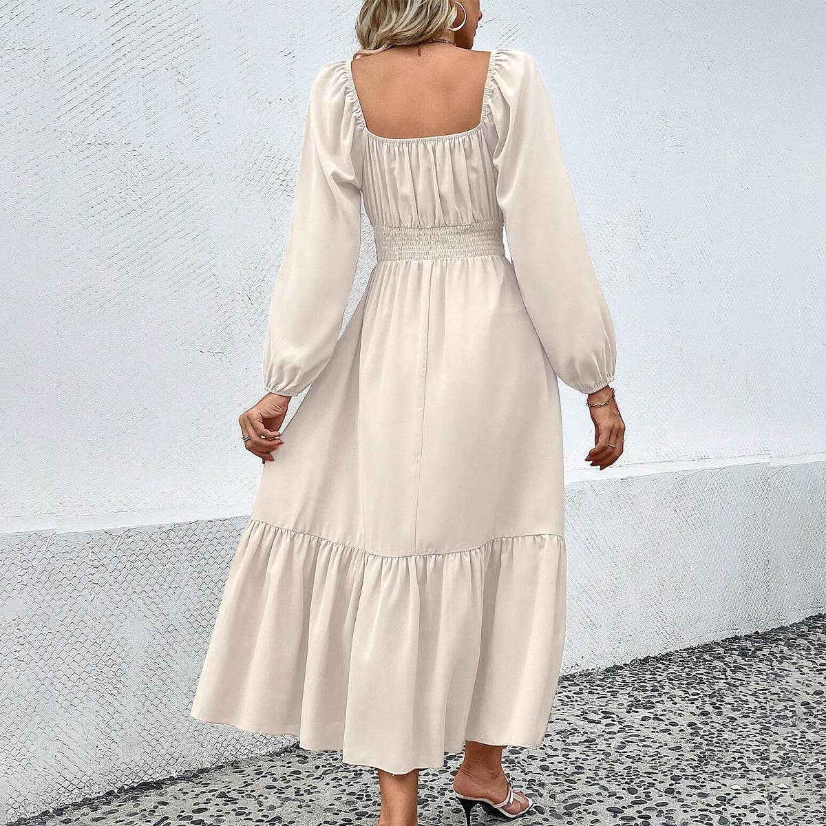 LONG SLEEVED SQUARE COLLAR STYLE SWING MAXI DRESS_CWDMD1413