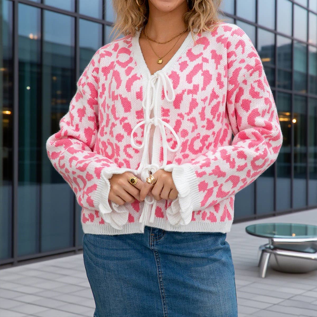 Leopard loose long-sleeved lace-up cardigan