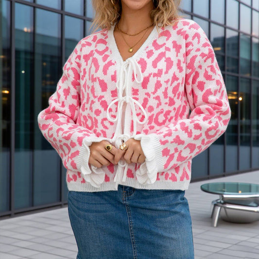 Leopard loose long-sleeved lace-up cardigan