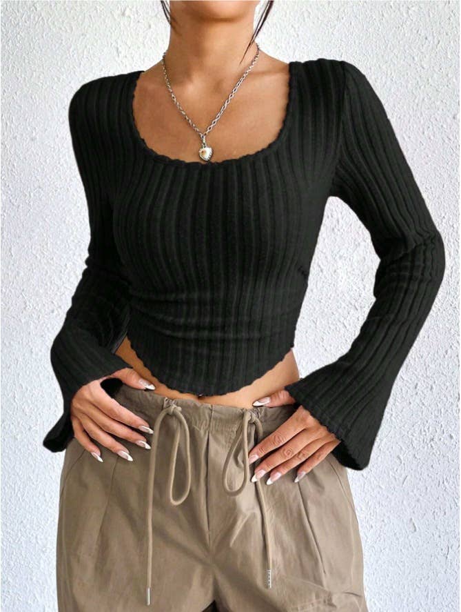 SQUARE COLLAR PIT SLIT FLARED LONG SLEEVE T-SHIRT