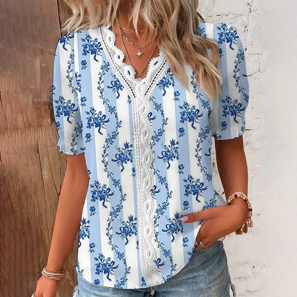V-NECK LACE PATCHWORK PRINT SHIRT