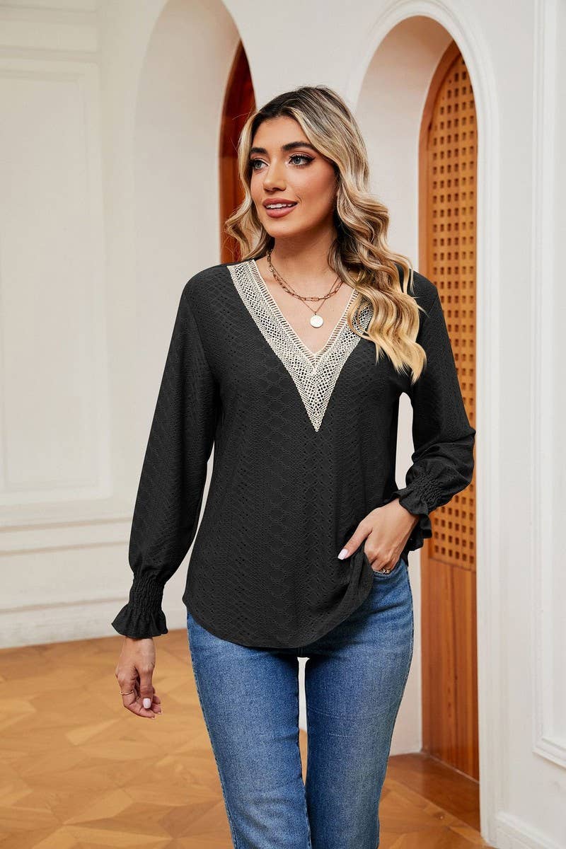 Cwtbll2389_V-Neck Lace Stitching Long-Sleeved Pullover