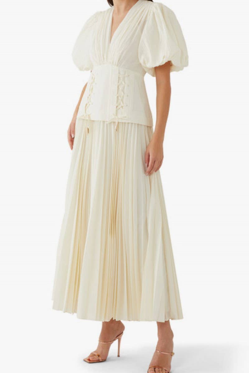 CWDMD5728_CASUAL SOLID COLOR V-NECK LACE-UP DRESS