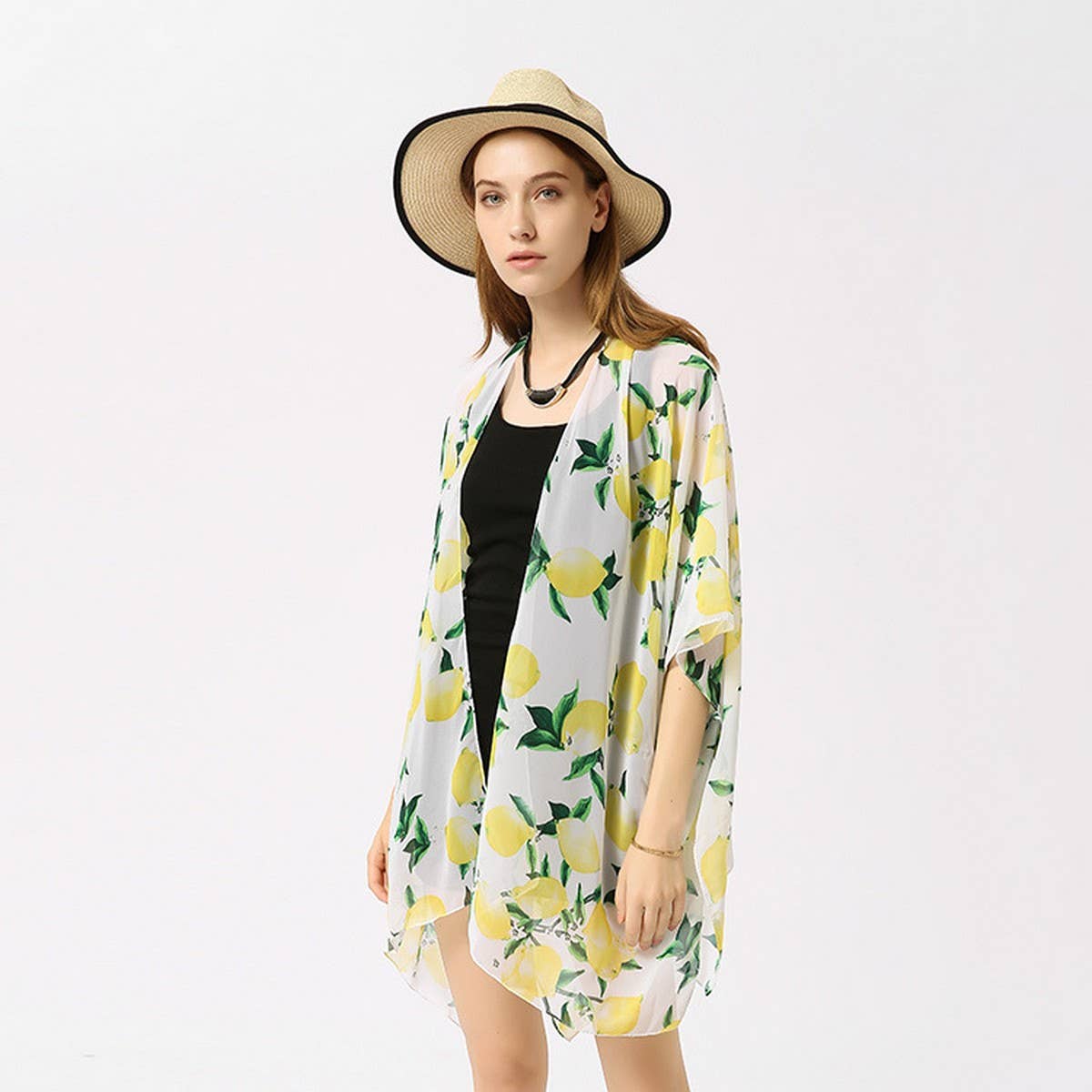 LEMON PRINT OPEN FRONT KIMONO CARDIGAN FOR SUMMER