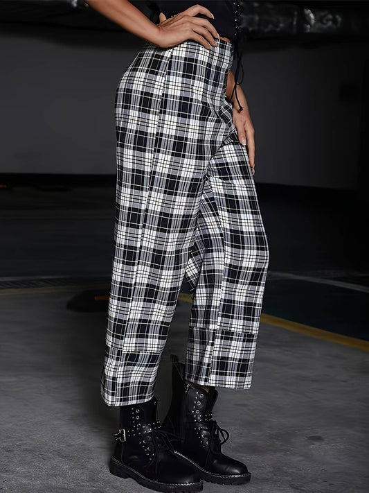 PLAID LOOSE CASUAL STRAIGHT LEG SEVEN POINT PANTS
