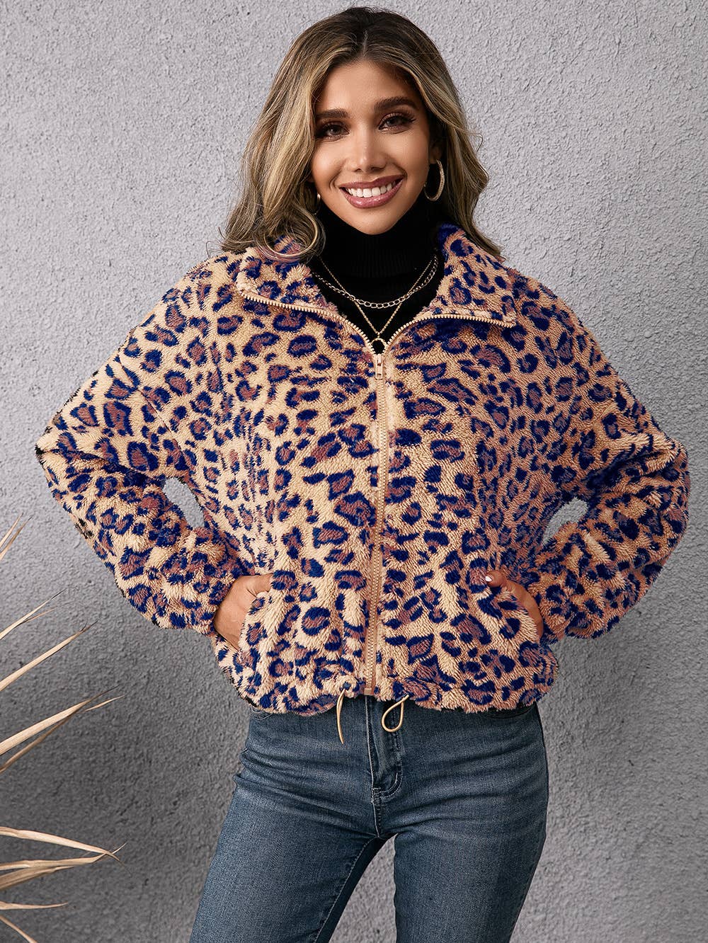 LEOPARD PRINT LAPEL LONG-SLEEVED PLUSH HOODIE