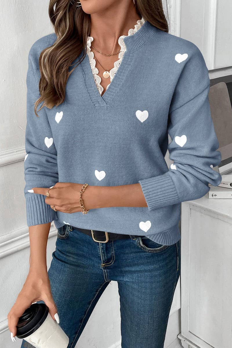 CWOSWL07115_V-NECK HEART-PRINT VALENTINE'S DAY SWEATER