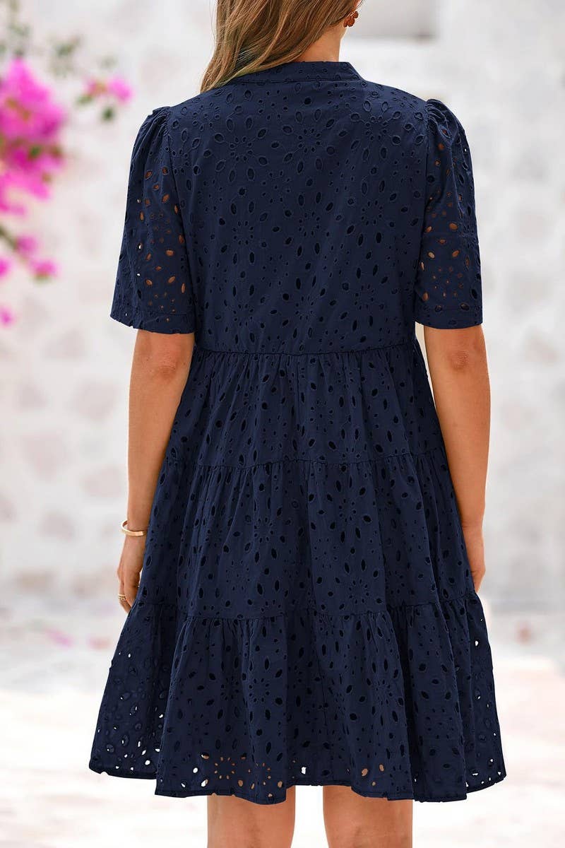 CWDSD8527_V-NECK HOLLOW LACE ELEGANT A-LINE DRESS