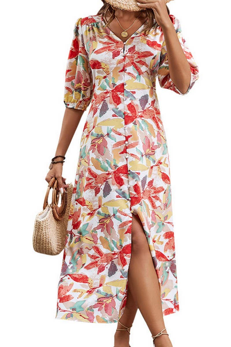 CWDMD2364_V-NECK FLORAL PRINT DRESS