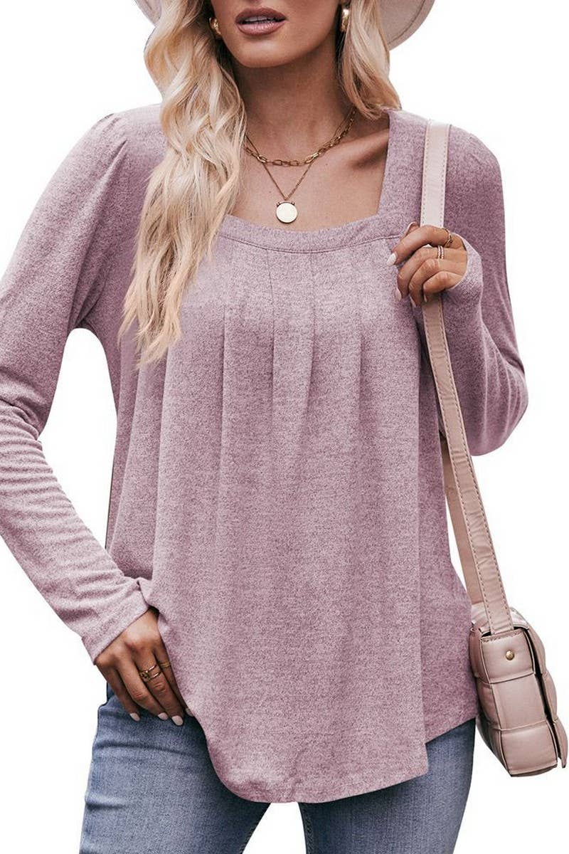 CWOSWL07634_SQUARE NECK PUFF SLEEVE PLEATED LONG SLEEVE TOP