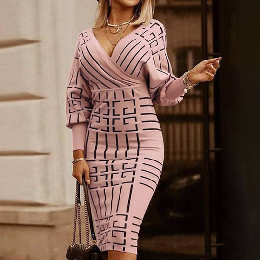 PRINT LONG-SLEEVED V-NECK FANNY PACK HIP DRESS