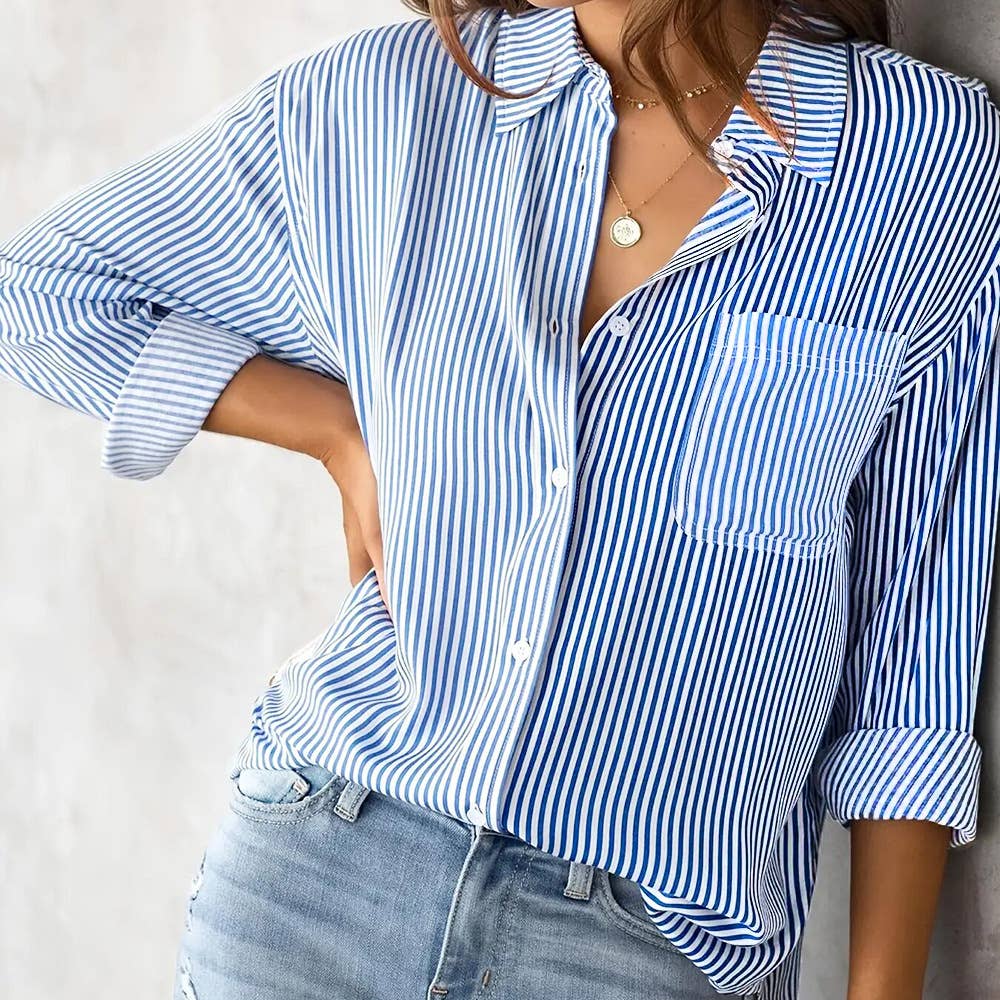 STRIPED BAGGY LAPEL LONG-SLEEVED BUTTON-UP SHIRT