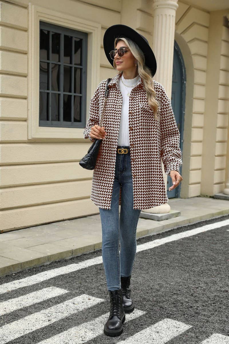 CWOCO0632_HOUNDSTOOTH LAPEL LOOSE MID-LENGTH COAT