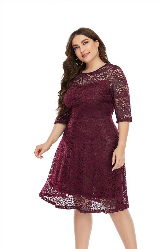 CWDSD5552_PLUS SIZE ROUND NECK LACE MIDI DRESS