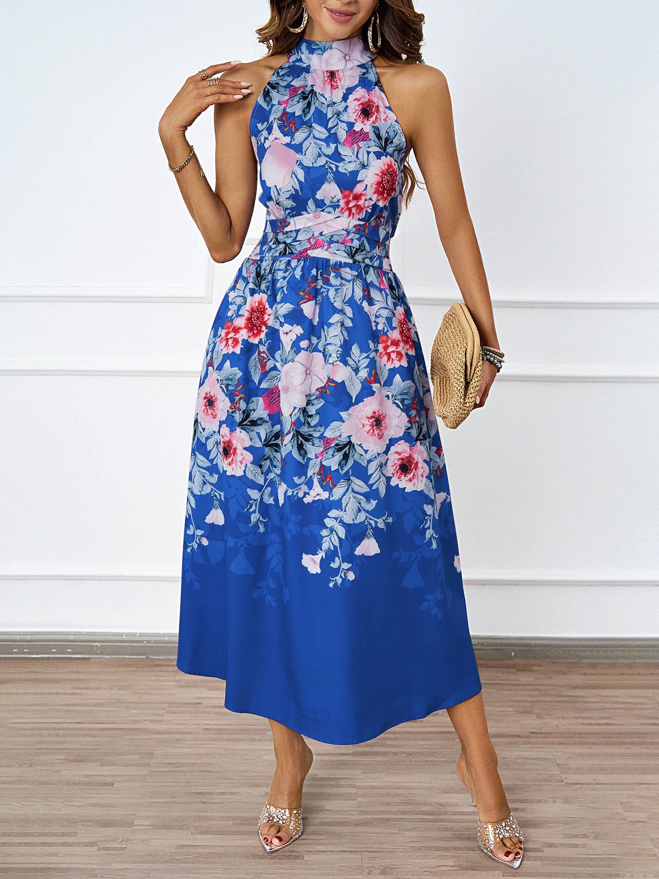 FASHION HALTER PRINT WAIST SLIMMING DRESS