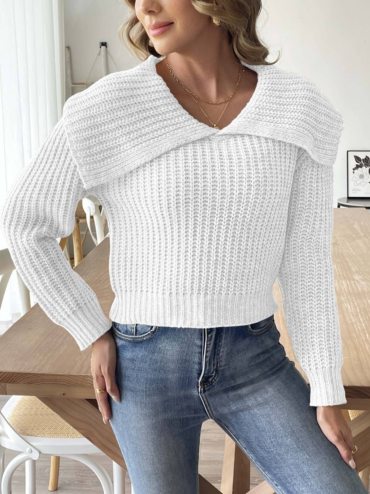 WOVEN SWEATER LARGE LAPEL PULLOVER SWEATER