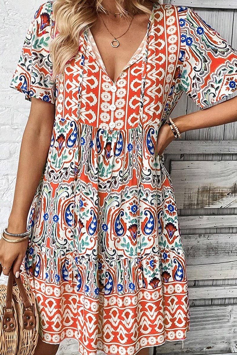 CWDSD7517_SUMMER V-NECK STYLISH BOHEMIAN PRINT DRESS