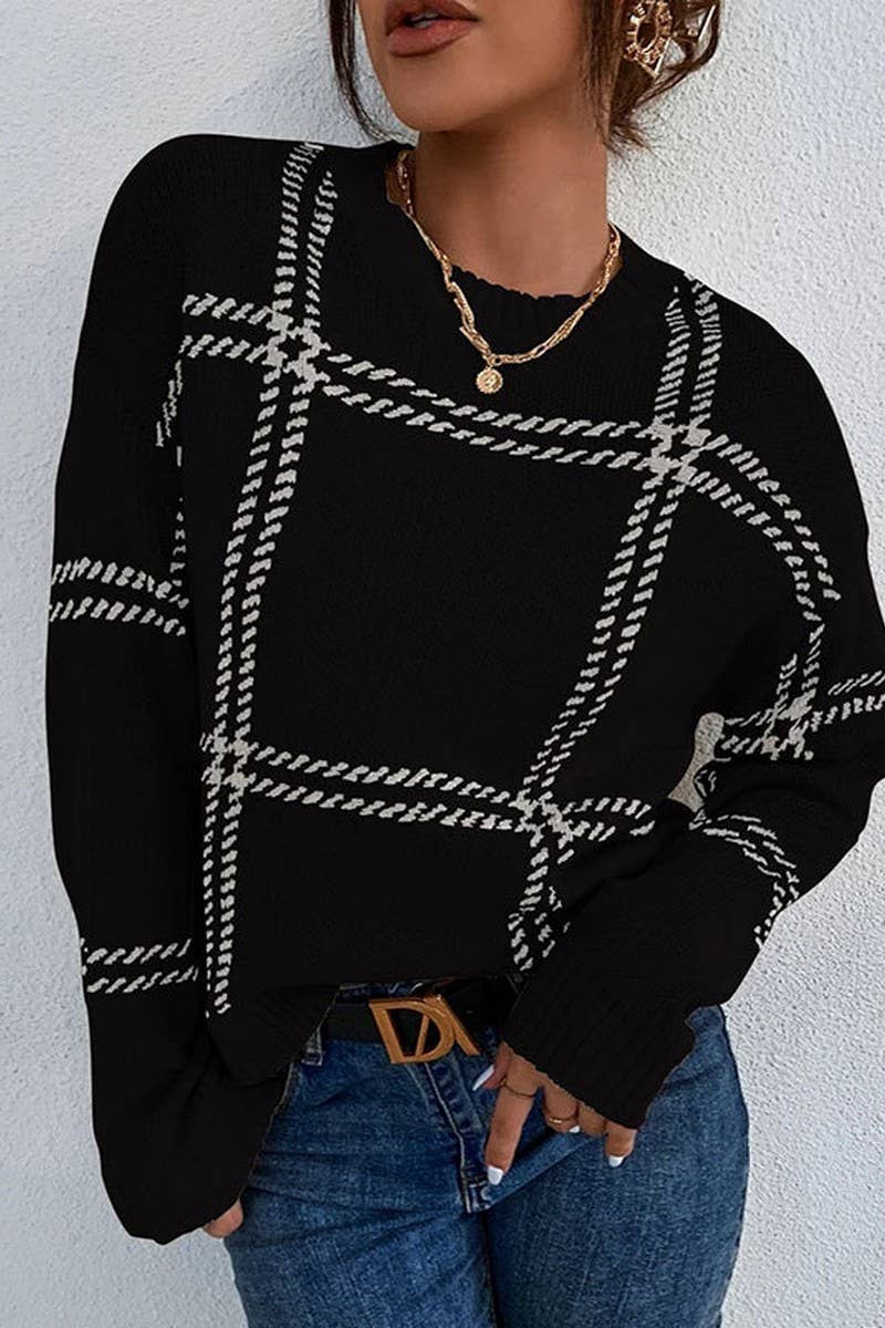 CWOSWL07350_PLAID COLORBLOCK CREWNECK KNIT SWEATER
