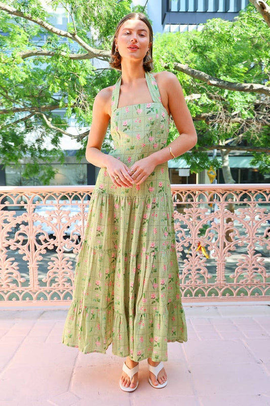 CWDHL0948_ELEGANT FLORAL HALTER BACKLESS A-LINE MAXI DRESS