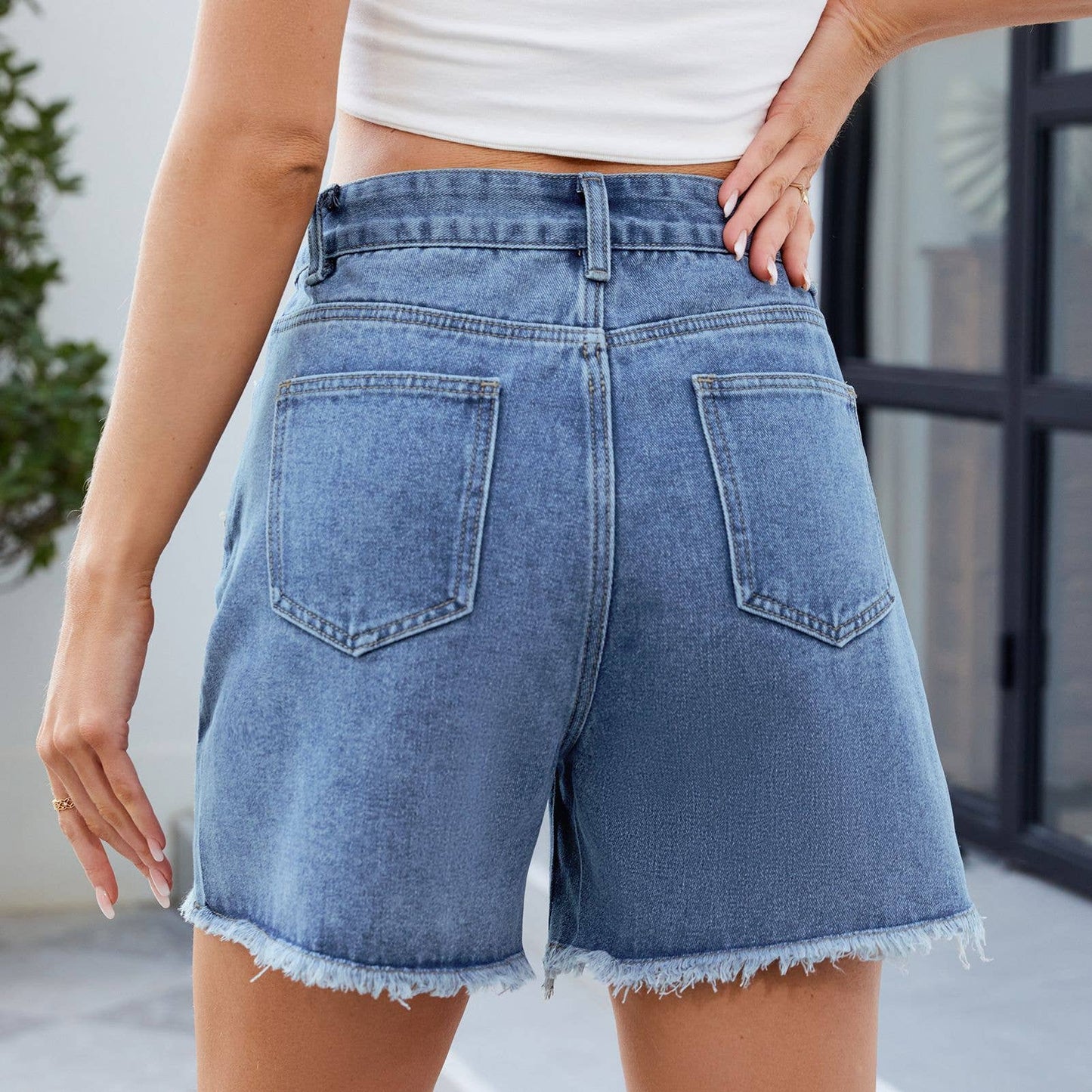 Washed Denim Cutoff Shorts with Side Slit