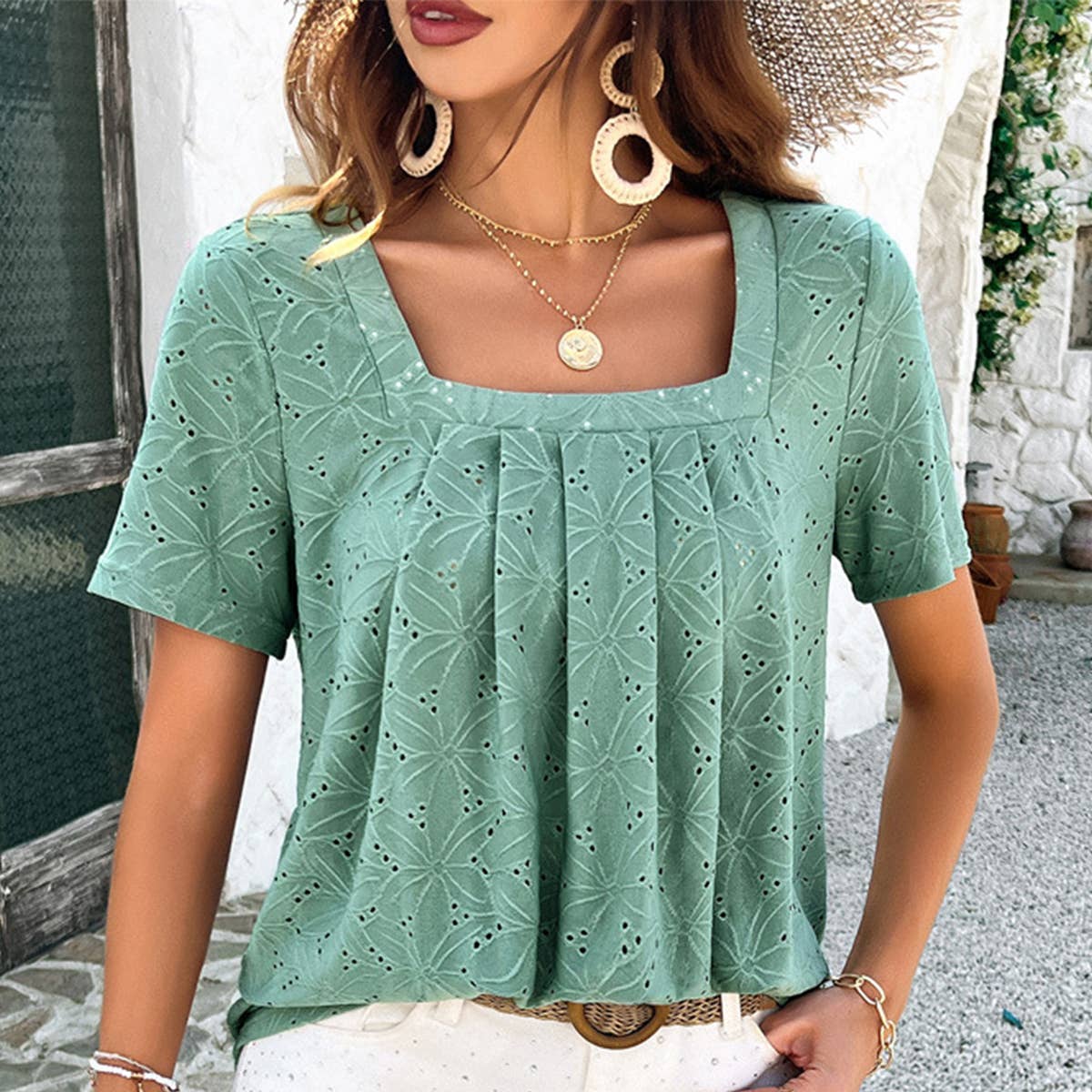 SQUARED NECK RUFFLED HOLLOW OUT T SHIRT TOP_CWTBLS0518