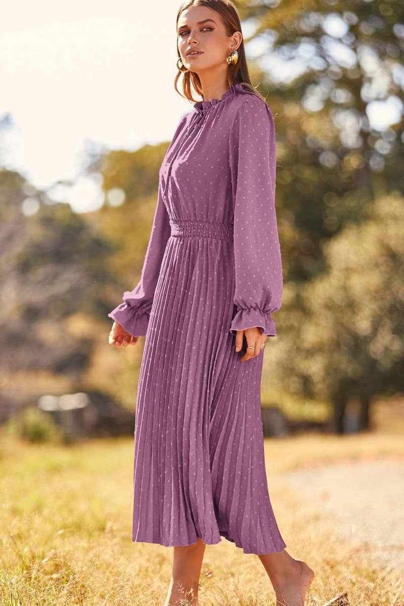 CWDMD4715_V-NECK POLKA DOT PLEATED FLOWY MAXI DRESS