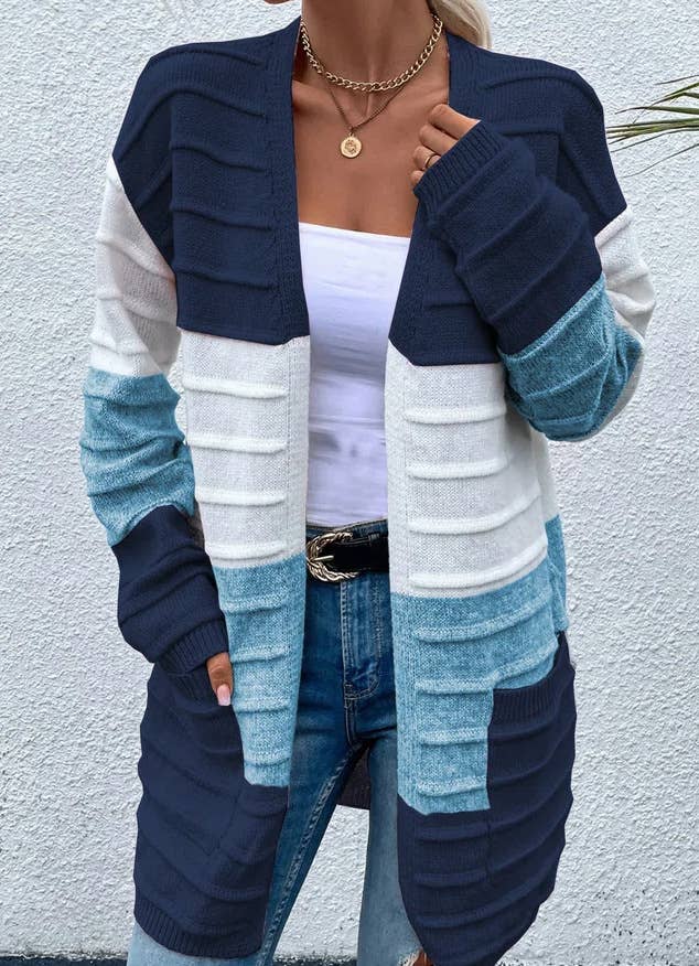 FASHION BIG POCKET COLOR MATCHING CARDIGAN