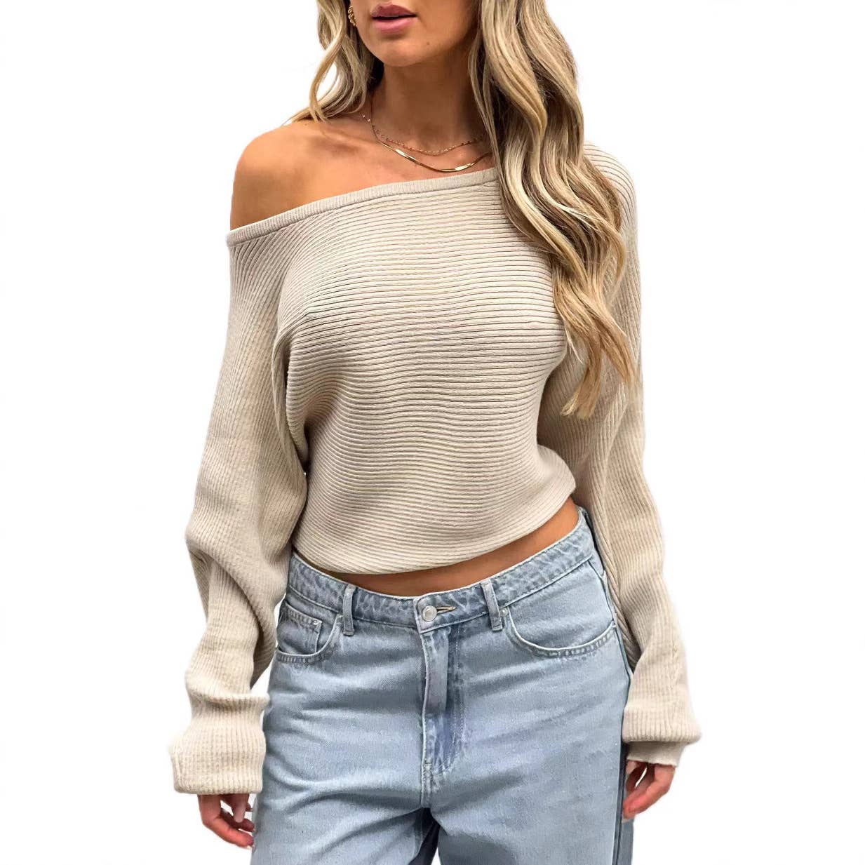 SEXY LONG-SLEEVED SWEATER WITH SLOPING SHOULDERS
