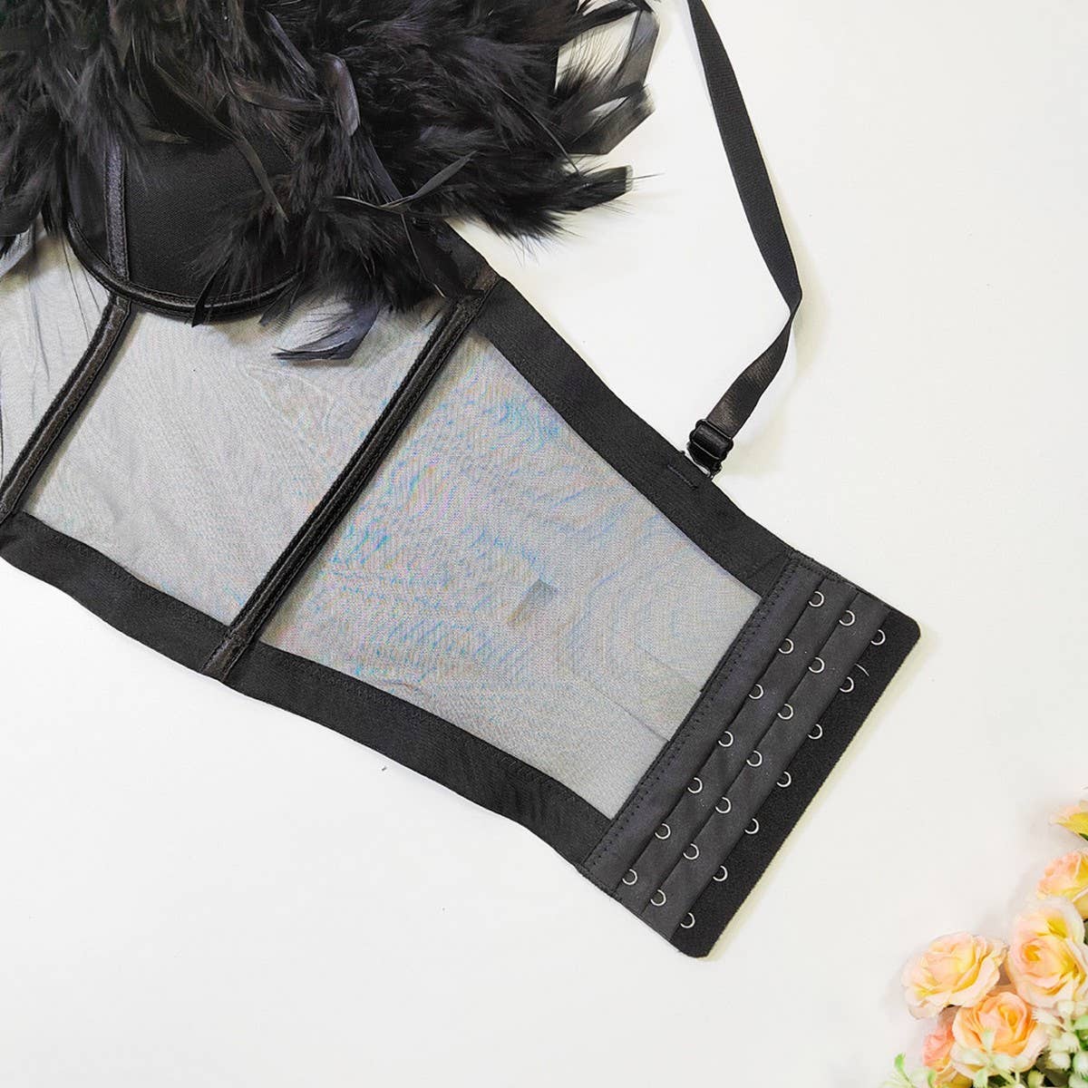 SEXY FEATHER SEE-THROUGH MESH HERRINGBONE CORSET