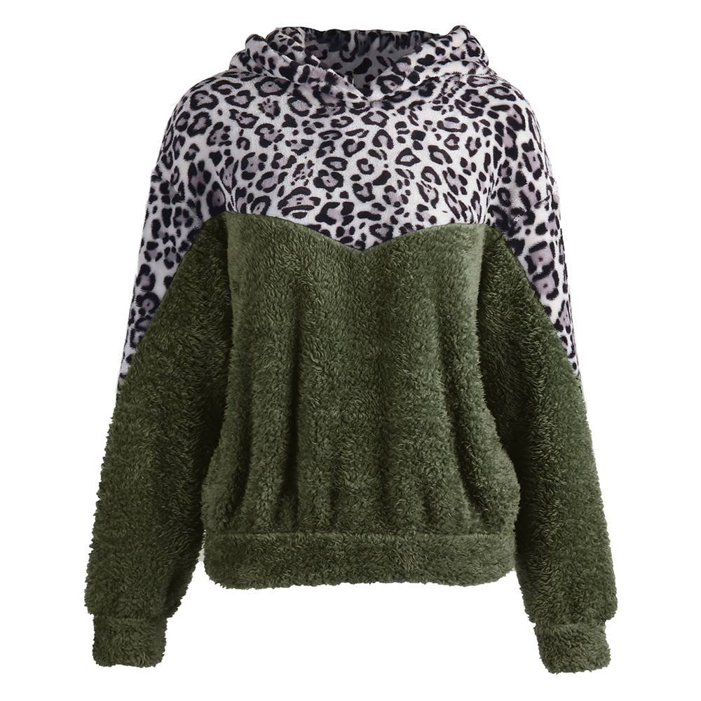 LEOPARD PRINT SPLICED DOUBLE-SIDED PLUSH HOODIE
