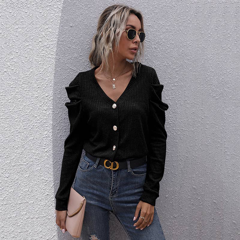 Ruffled pile sleeve cardigan V-neck sweater