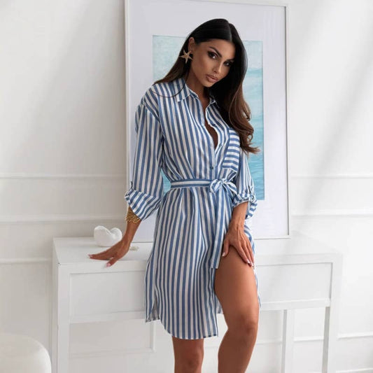Striped printed lapel loose belt dress