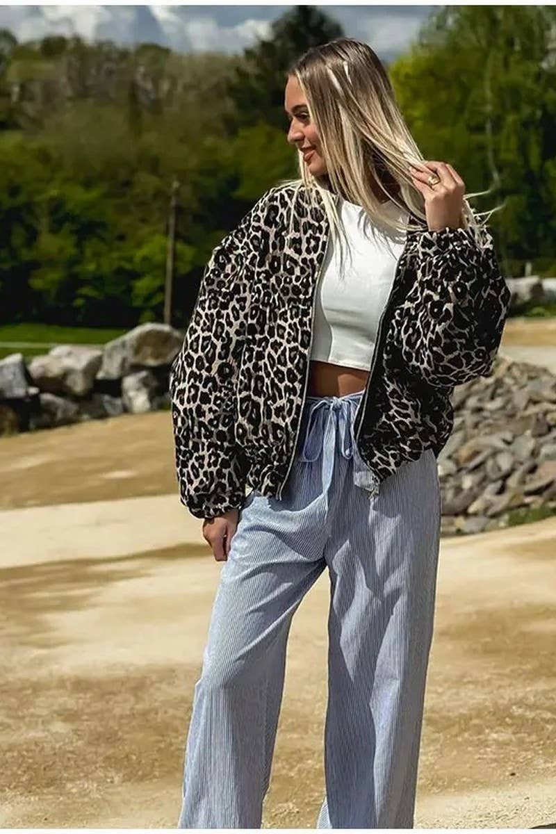 CWOCO1077_CASUAL LEOPARD PRINT ZIP-UP JACKET