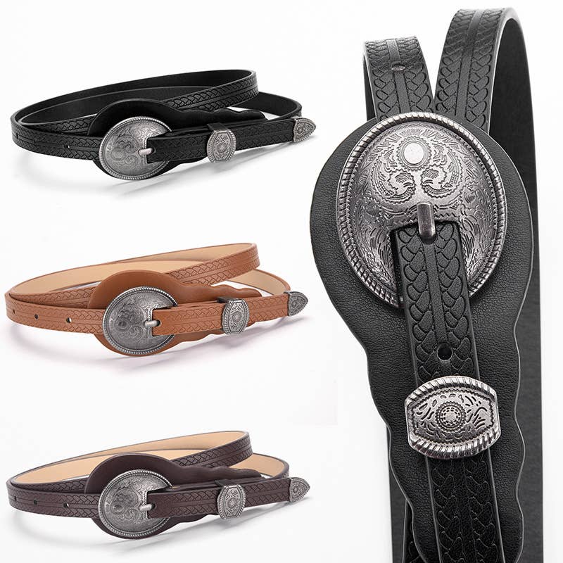 Retro slim waist belt with carved ethnic style