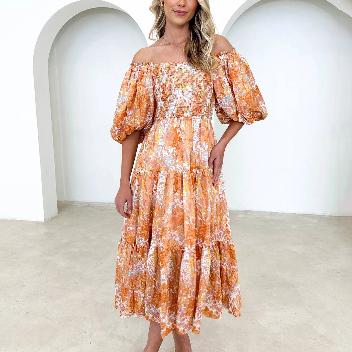 PRINT FRENCH CAKE DRESS WITH PUFF SLEEVES