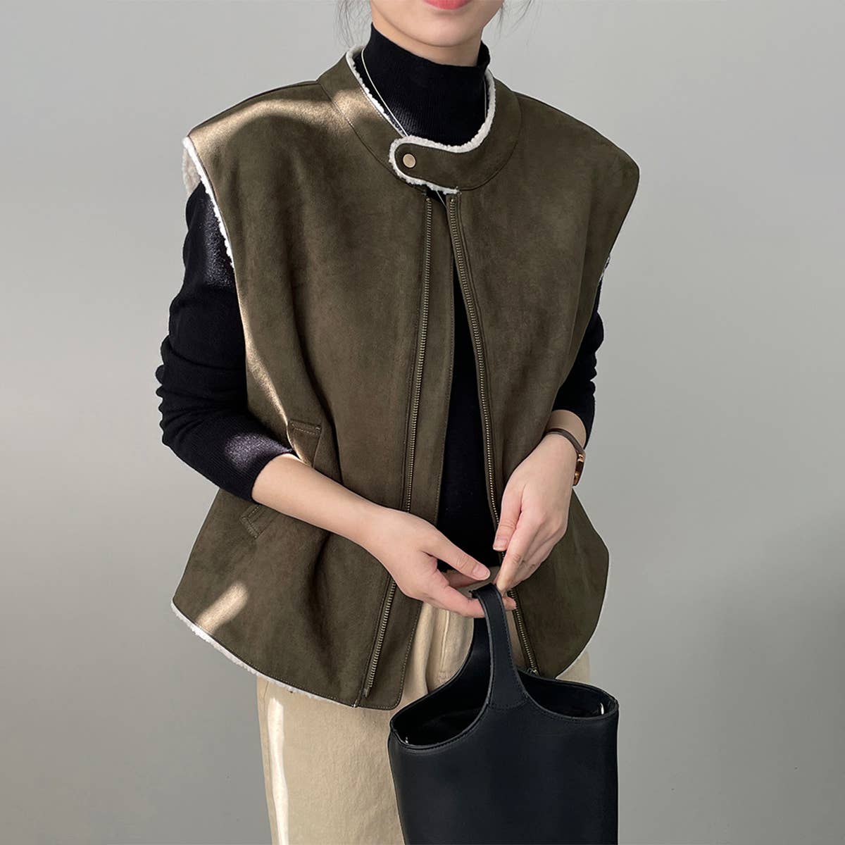 Suede lamb wool patchwork vest
