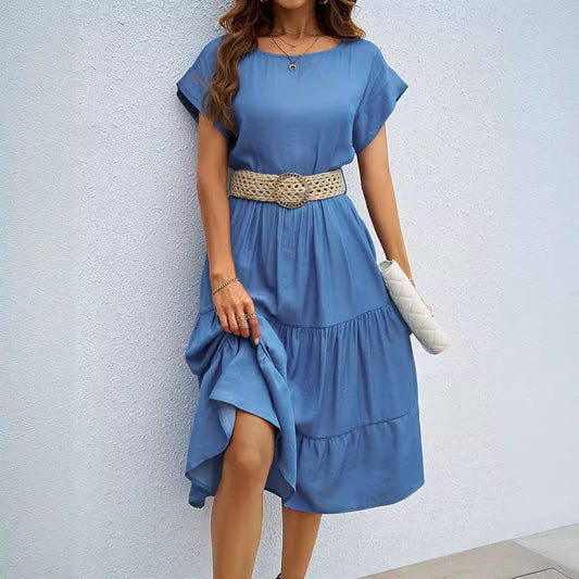 SOLID SIMPLE ROUND NECK SHORT SLEEVE LONG DRESS