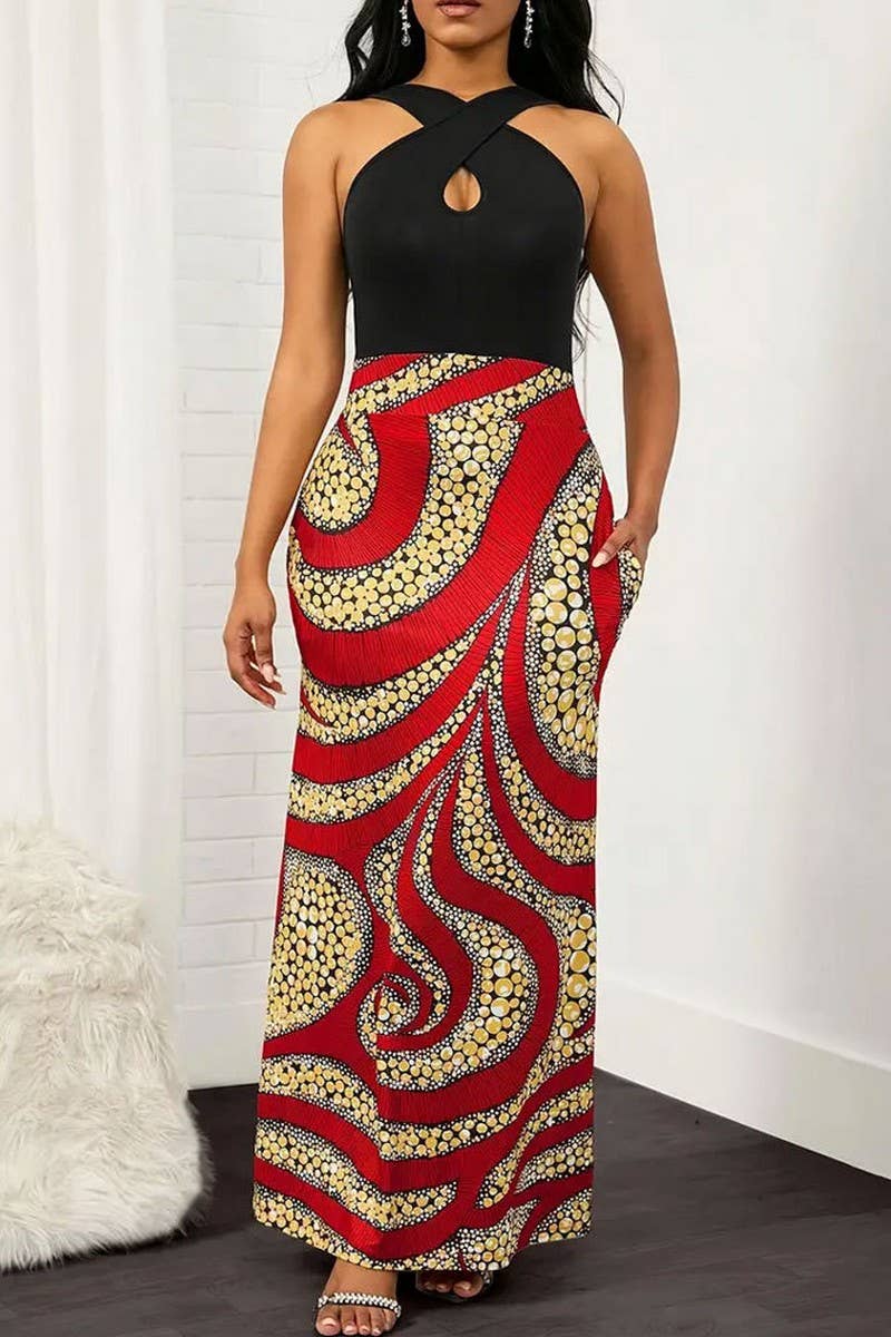 CWDMD5080_SUMMER TEMPERAMENT COLORBLOCK HALTER NECK DRESS