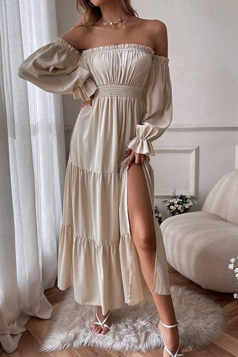 CWDMD5770_OFF-THE-SHOULDER RUFFLED HIGH SLIT DRESS